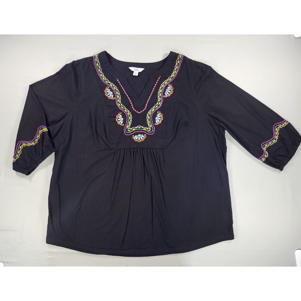 Croft & Barrow Black Embroidered Tunic Top Women's Plus Size 1X 100% Cotton